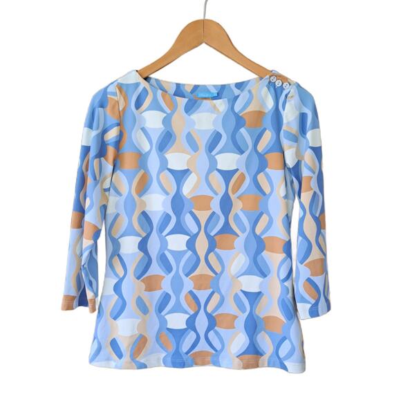 J McLaughlin Blue & Tan Wavesong Tee Top Size Small 3/4 Sleeve Catalina Fall - Picture 6 of 7